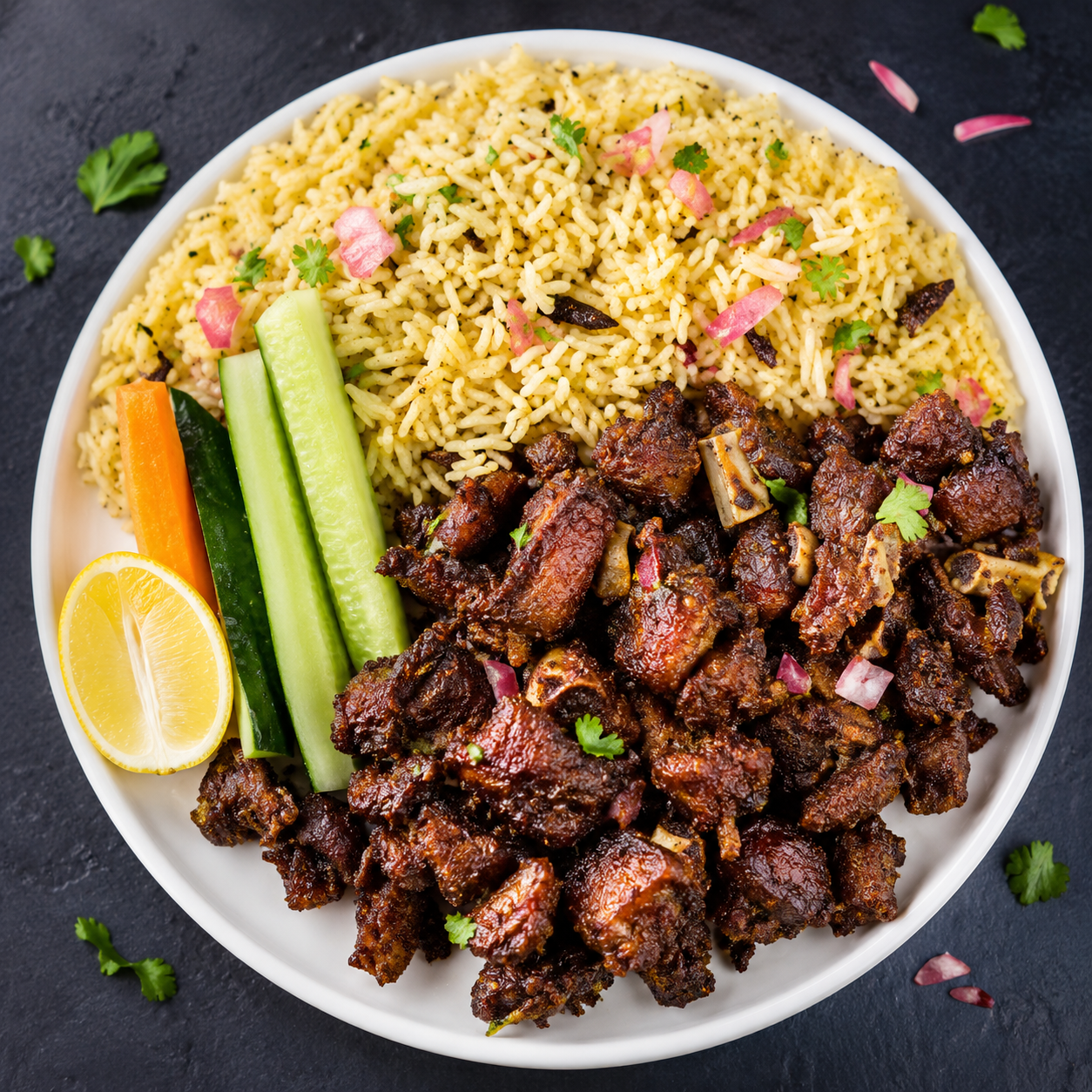 Mutton taas with fragrant rice at Inaruwa Tass House