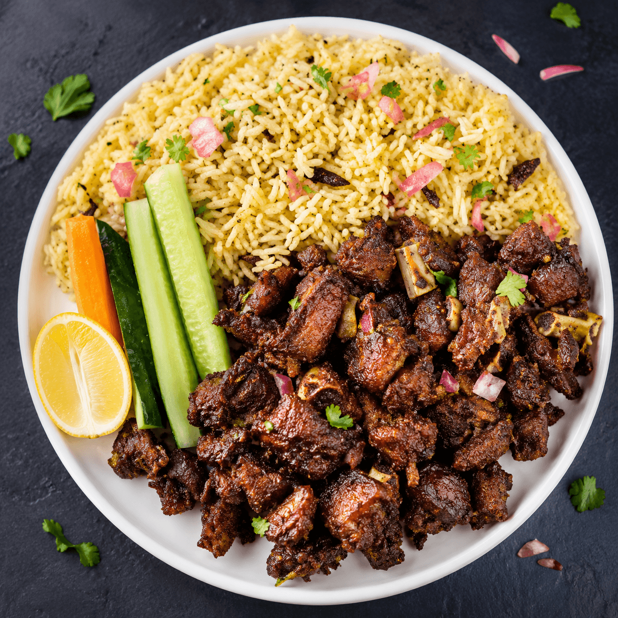 Mutton taas with rice and fresh vegetables at Inaruwa Tass House