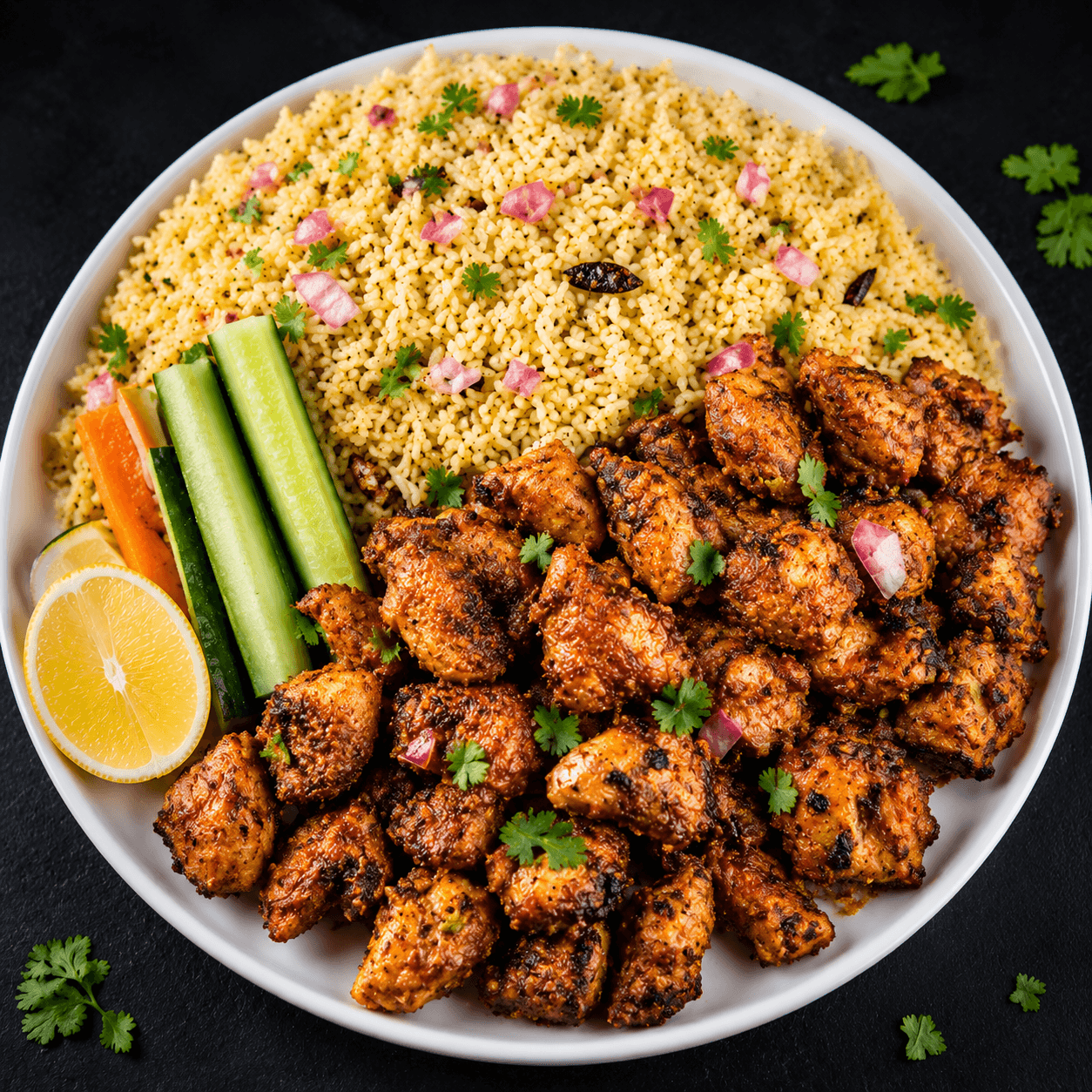 Chicken taas with rice and fresh vegetables at Inaruwa Tass House